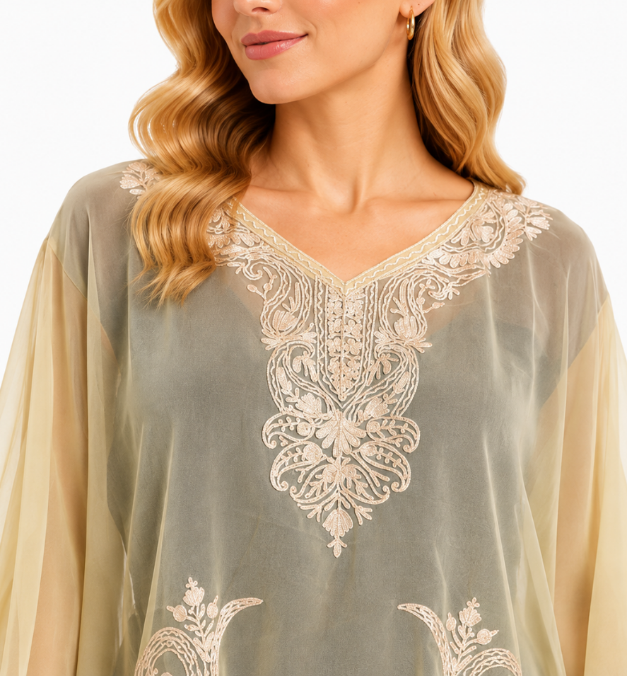 Sage Olive Chiffon Kaftan with Intricate Ivory Floral Embroidery